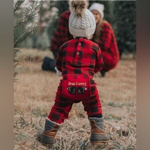 NWT Lazy One Bear Cheeks Infant Black and Red Plaid Onesie Flapjack- Size 18 mo.